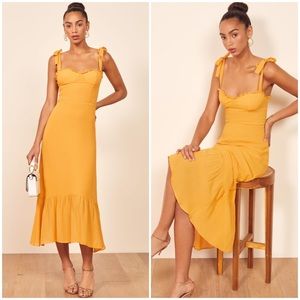 Reformation Golden Yellow Midi Dress with Tie Straps